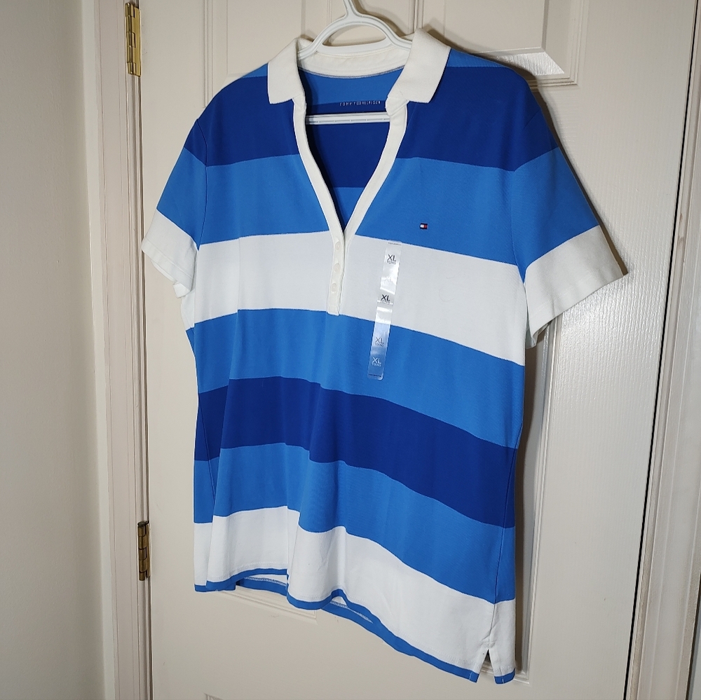 Tommy Hilfiger Women's Blue and White Striped Shirt